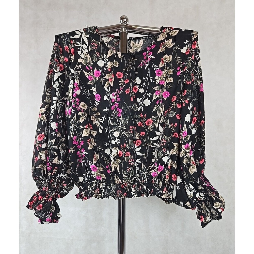 Kontrol Women Shirt Size‎ Large Long Sleeve Top Black Floral Print Blouse NWT